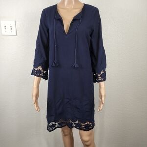 Zara Basic Blue Cotton Boho Lace Hem Dress Size Small